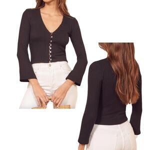 Reformation The Gellar Top Ribbed Button Front Bell Sleeve Crop Top Black Small